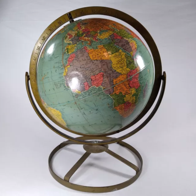 1950s Replogle World Globe 10 inch. Brass Metal Frame Vintage