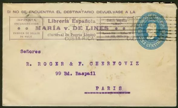 Costa Rica 1911 10c envelope/printed ad of bookseller