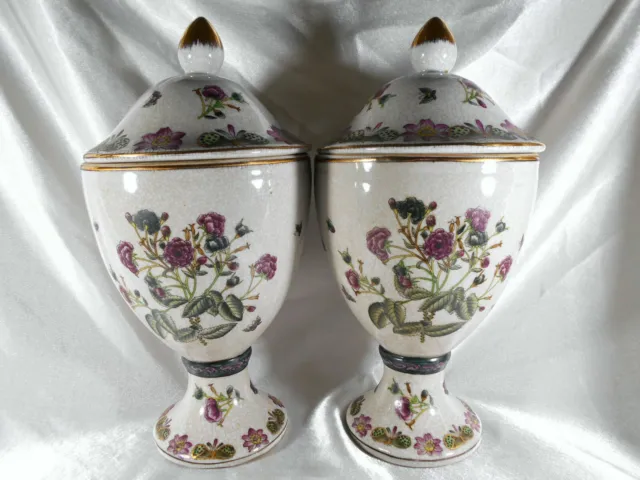 Paire De Vase / Pot Couvert / Urne Papillon & Fleurs En Porcelaine A Identifier