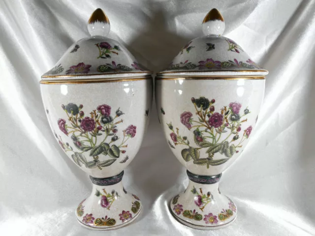 Paire De Vase / Pot Couvert / Urne Papillon & Fleurs En Faience A Identifier