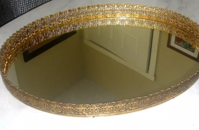 Antique Gold Ormolu Filigree Rare Hollywood Regency Large Mirrored Vanity Tray