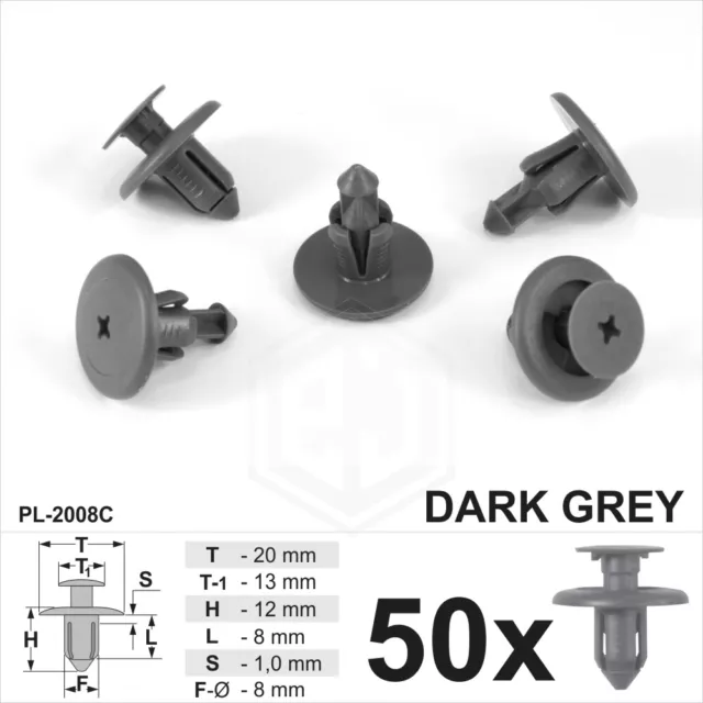 50x 8mm Dark Grey Plastic Trim Push Rivet Pin Clips Fastener Bumpers Panel Doors