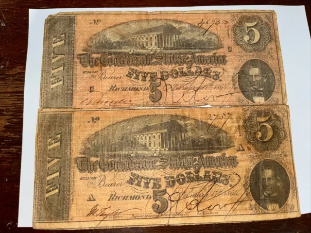 2 Confederate States Of America $5 Five Dollar Bills