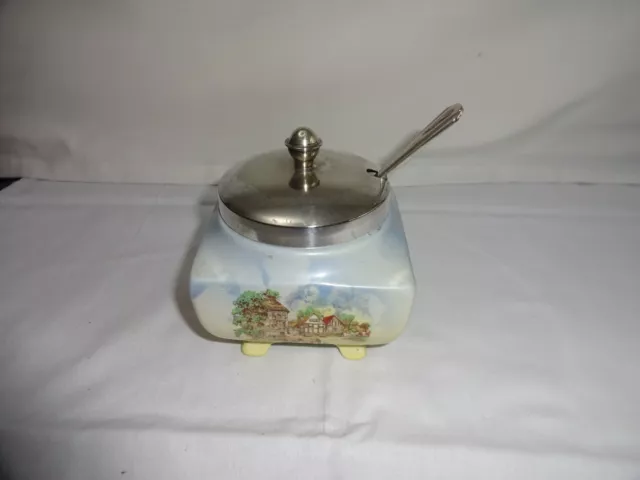 Vintage Staffordshire Porcelain Silver Plated Lidded Sugar/Preserve Pot & Spoon