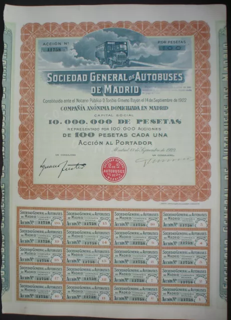 Sociedad General de Autobuses de Madrid 100 Ptas 1922 uncancelled + coupons