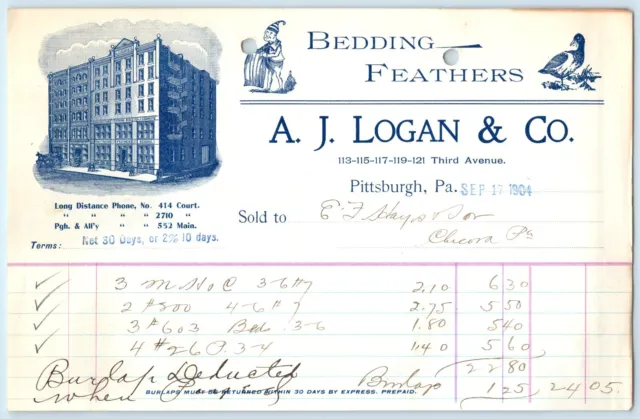 Ephemera BILLHEAD RECEIPT A J Logan & Co Bedding Feathers 1904 Pittsburgh PA