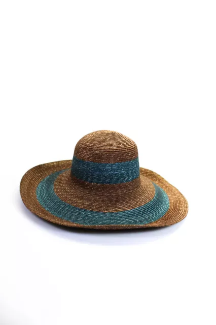 Raffaello Bettini Womens Striped Straw Wide Brim Sun Hat Brown Navy Blue Size 58