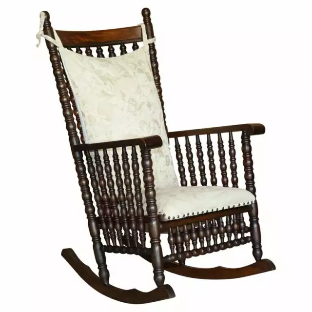 Victorian Oak Rocking Chair With Scottish Bobbin Turnings All Over Cherub Fabric