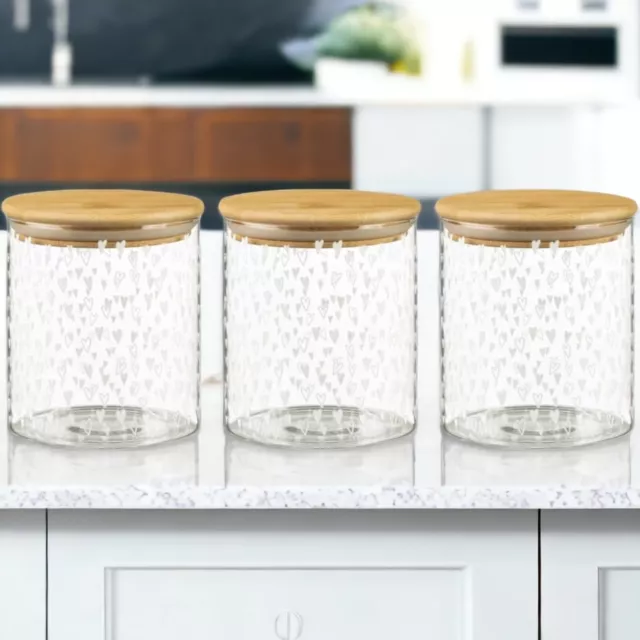 Tea Coffee Sugar Glass Canisters Heart Kitchen Storage Jars Set Of 3