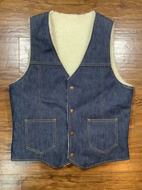 Vintage Deadstock Denim Sherpa Vest Men’s Medium Jean Snap Sears Unbranded 70s