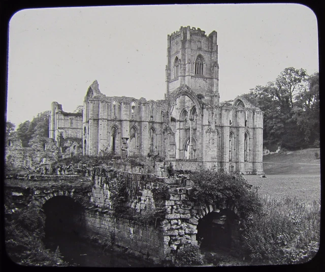 Glass Magic Lantern Slide FOUNTAINS ABBEY & BRIDGE C1890 PHOTO YORKSHIRE