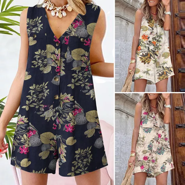 Womens Holiday Beach Cotton Jumpsuit Ladies Holiday Playsuit Rompers Mini Shorts