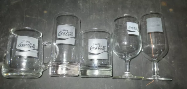 Set of 5 Different Sizes Types of Coca-Cola Clear Glasses with Etched Logo