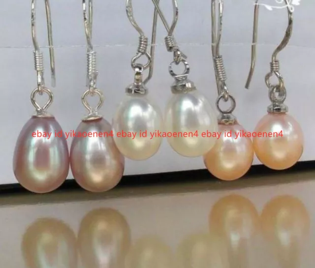 Natural White Pink Purple 3Pairs 8x10mm Akoya Pearl Earrings 925 Silver Hook