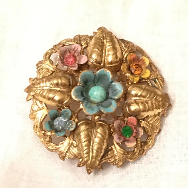 Antique Victorian Enamel Flower Brooch Gold Gilded Ornate 3D Floral Rose Vtg