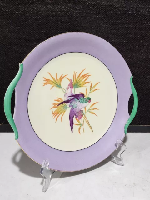 R M Bavaria Art Deco Purple Green Handpainted Parrots Cake Plate