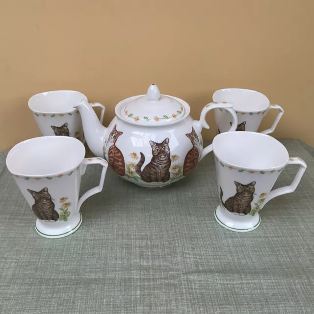 Vintage St Michael Cats Teapot & 4 Mugs M&S Fine Bone China 1999 VGC