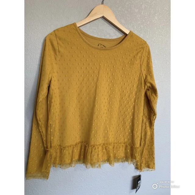Art Class Girls Mustard Yellow Polka Dot Long Sleeve Tulle Top XXL NWT
