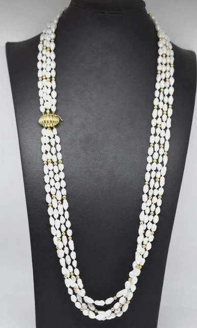 14K Gold 32" Rice Pearl 5.2mm Gold Beads 4 String Strand Long Necklace