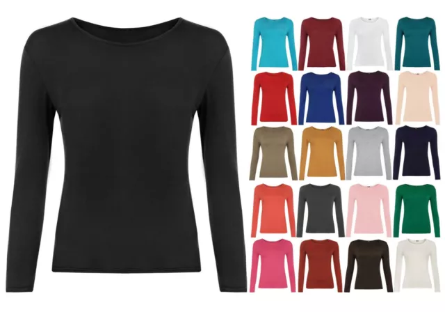 Womens Ladies Long Sleeve Stretch Plain Scoop Neck T Shirt Top assorted 8-20