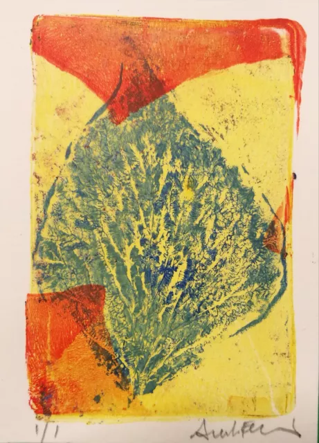 Original ACEO Gelli Monoprint  Leaves Yellow/orange Handmade pulled print by AF