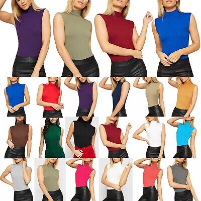 Womens Ladies Turtle Neck Sleeveless Polo Neck Stretchy Vest Top High Neck 8-26