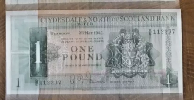 Used Clydesdale & North of Scotland Bank One Pound Note B/E 112237 2nd May 1962