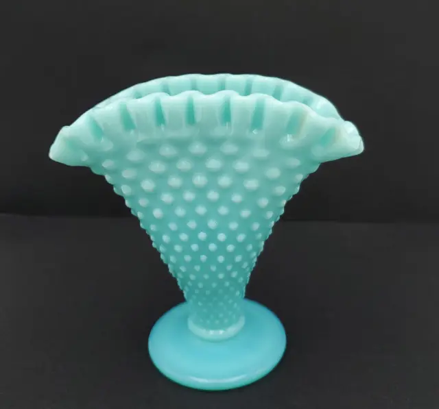 Vtg Fenton Pastel Turquoise Hobnail Milk Glass Mini Fan Vase Ruffle Trumpet 1of2