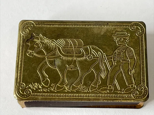 Vintage Gold Tone Match Box Matches Holder Case Cowboy Etched Pattern Tobacciana