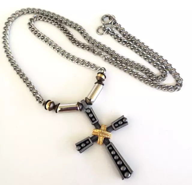 Vtg Rope Cross Pewter Silver Tone w/ Gold Tone Pendant Choker Necklace 19"