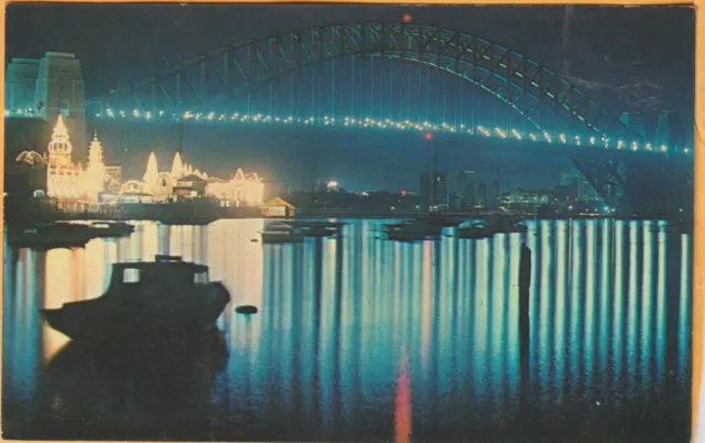 Harbour Bridge And Luna Park At Night Sydney Nsw Plastichrome Postcard
