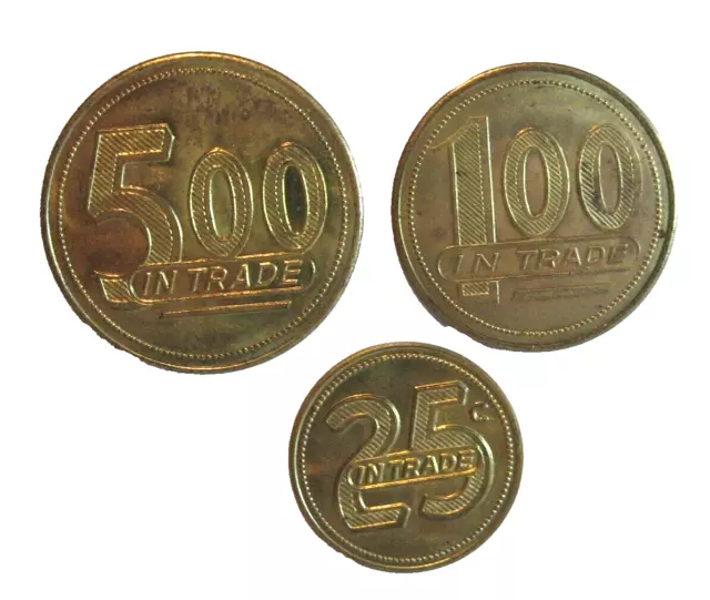 Set of  3 Golden Flood Tavern Saloon Brass Tokens $5 $1 25 Cents Oregon