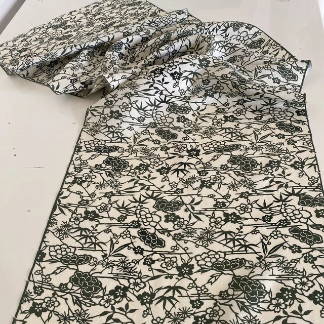Vintage Japanese Kimono Silk Fabric, RInzu Green Floral Long Panel 158cm