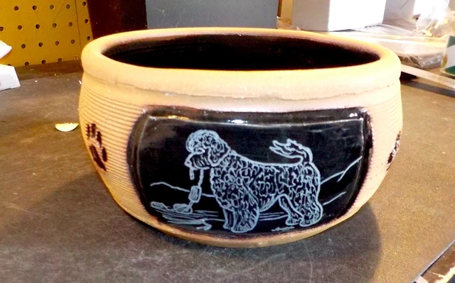 Portuguese Water Dog  hand engraved  signed hand thrown stoneware food bold