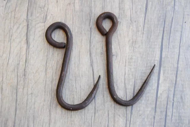 2pcs Vintage blacksmith forged meat butcher hanging hook farm decor tool