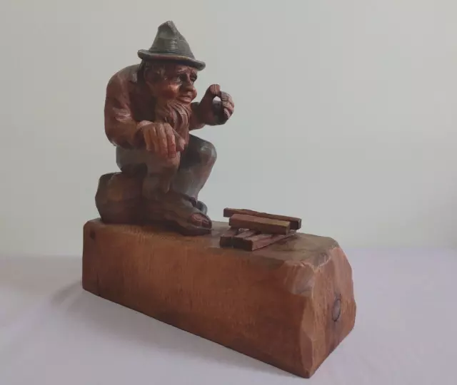 Antique Black Forest Hand Carved Seated Wooden Gnome Figure by Campfire - 28 cm