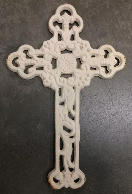 SHABBY WHITE BUDDED FLOWER CROSS, two sided cast iron floral wall decor