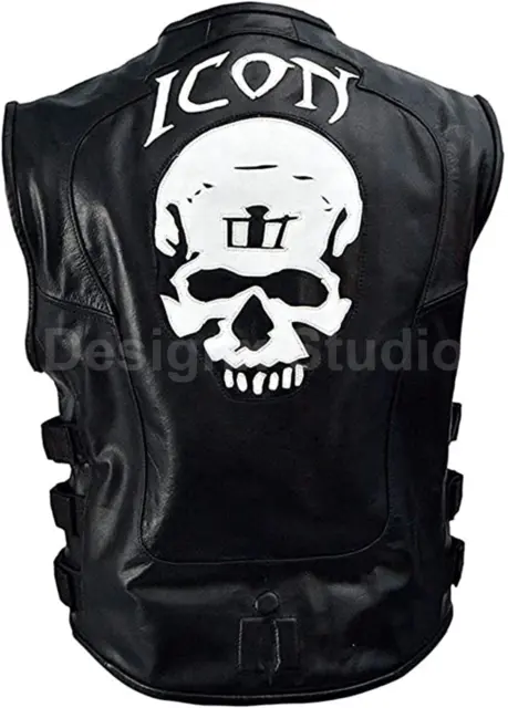 Icon Skull Racer Mens Genuine Leather Motorcycle Wear Vest Skull Biker