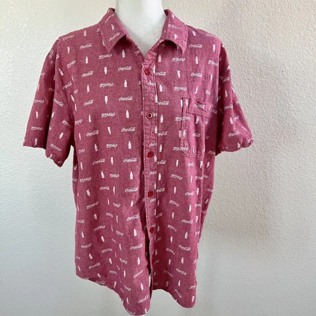 Coca-Cola Shirt Mens 2XL Red Logo Button Up Short Sleeve Coke Casual Beverage