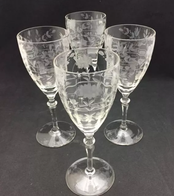 Etched Vintage Glass Goblet Stems (set of 4) - Clear Glass with etched designs