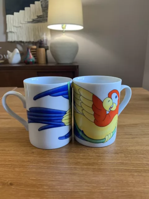 Vintage Fitz and Floyd coffee mugs Parrot-in-Ring Red Blue Yellow 1979