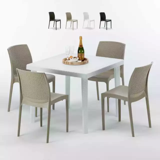 Table Carrée Blanche 90x90cm Avec 4 Chaises Colorées Grand Soleil Set Extérieur