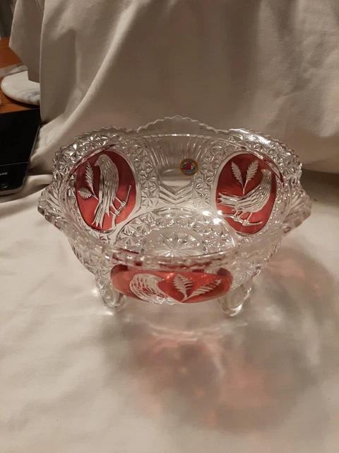 Vintage Hofbauer Byrdes Red Bird Bowl Dish Three Footed German 24% Lead Crystal