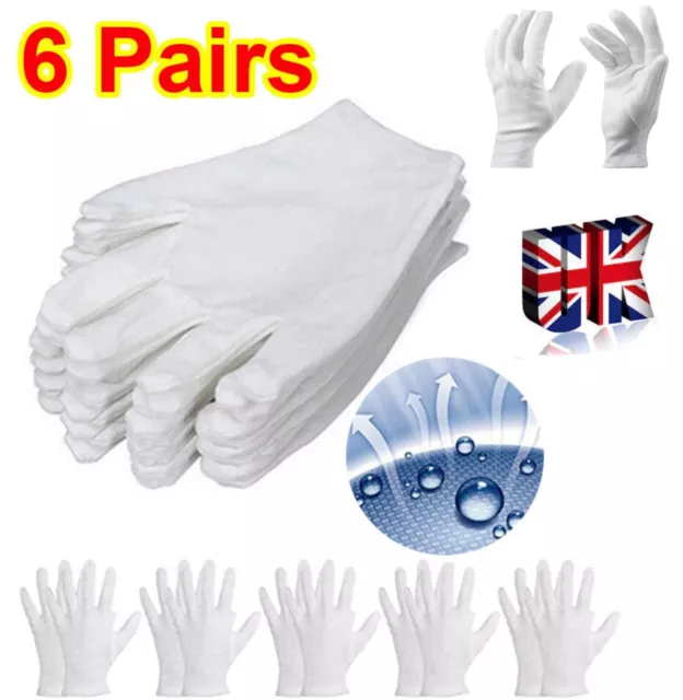 6 Pairs Mens Women 100% Cotton Gloves White Dermatological Moisturising Eczema