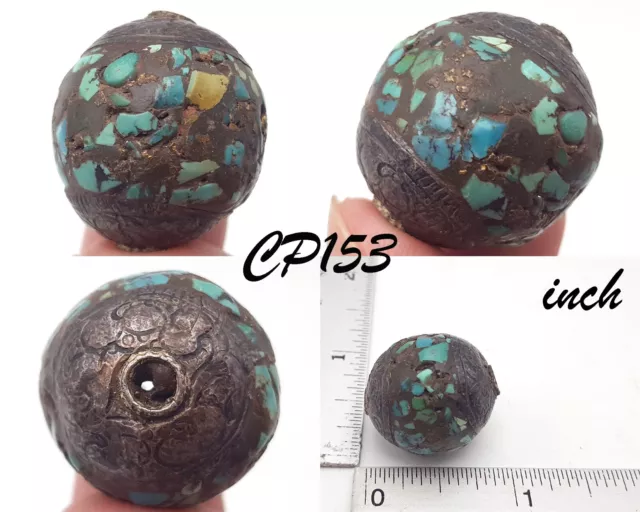 Antique Blue Turquoise With Silver Cap Bead Decorated Old Rare Handmade #CP153c