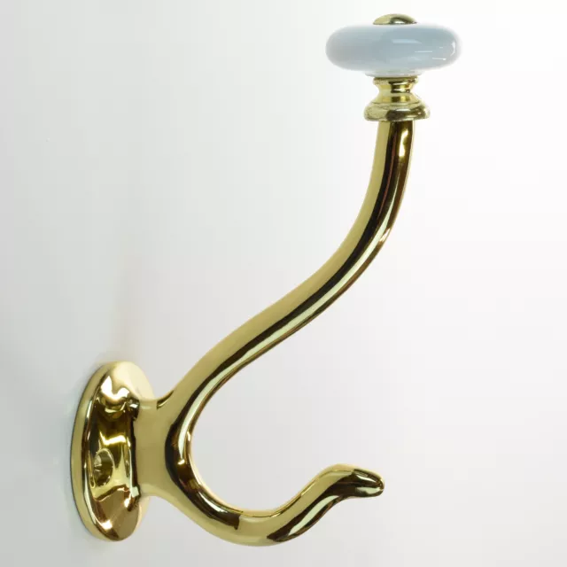 Solid Brass VICTORIAN Coat Hat Hook Polished Brass White Ceramic, Hickory P27360