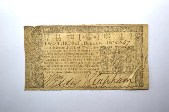 Maryland April 10, 1774 $2/3 -  Very Fine