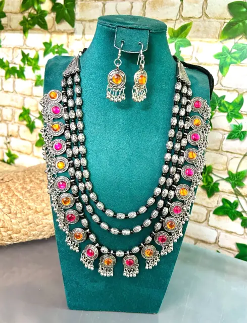 Étnico India Bollywood Conjunto Plata Chapado Oxidado Jhumka Pendientes y Collar