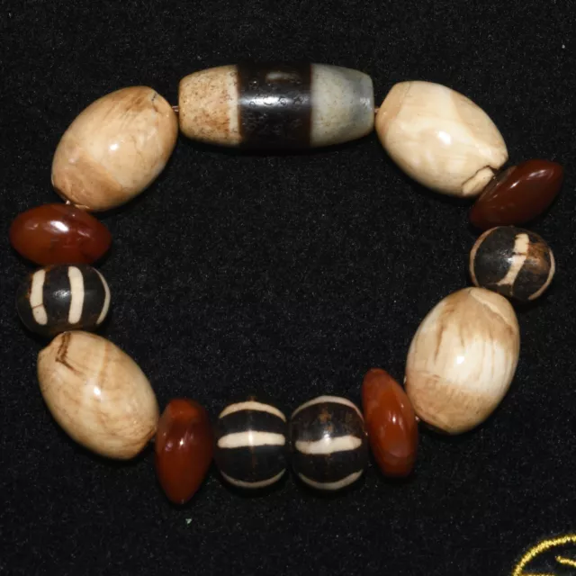Antique Old Indo Tibetan Himalayan Pumtek & Chung Dzi Agate Stone Bead Bracelet