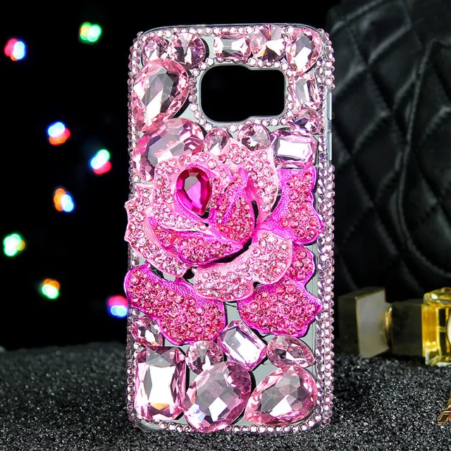 Women Rhinestone Bling Flower Diamond Crystal Rubber Clear Back Phone Case Cover